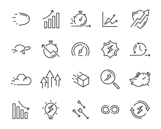 prosty zestaw ikon linii wektorowych, zawierają takie lcon jak prędkość, zwinność, wzmocnienie, proces, czas i więcej - linear accelerator stock illustrations