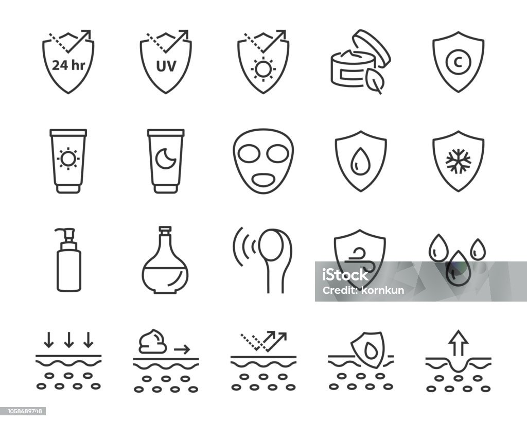 Satz von Haut-Linie-Icons, Gesichts Sonnencreme Symbol, Gesichtsmaske - Lizenzfrei Schutz Vektorgrafik