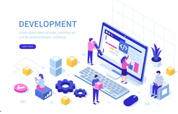 development Development team at work concept. Can use for web banner, infographics, hero images. Flat isometric vector illustration isolated on white background. computer programming desk stock illustrations