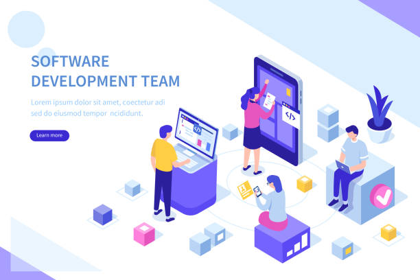 developers team Development team at work concept. Can use for web banner, infographics, hero images. Flat isometric vector illustration isolated on white background. computer programming desk stock illustrations
