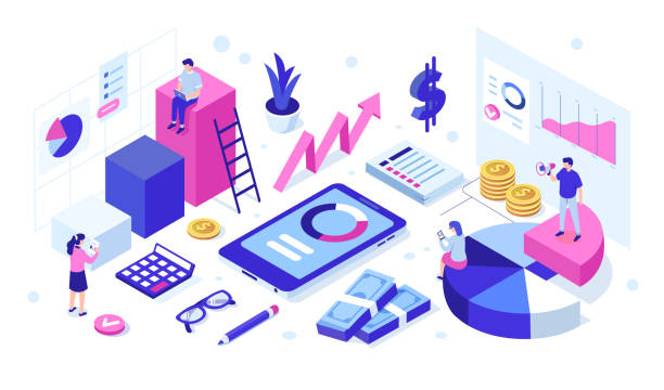 business team Financial business team concept with characters. Can use for web banner, infographics, hero images. Flat isometric vector illustration isolated on white background. banking illustrations stock illustrations