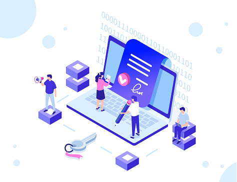 Smart contract concept with characters. Can use for web banner, infographics, hero images. Flat isometric vector illustration isolated on white background.