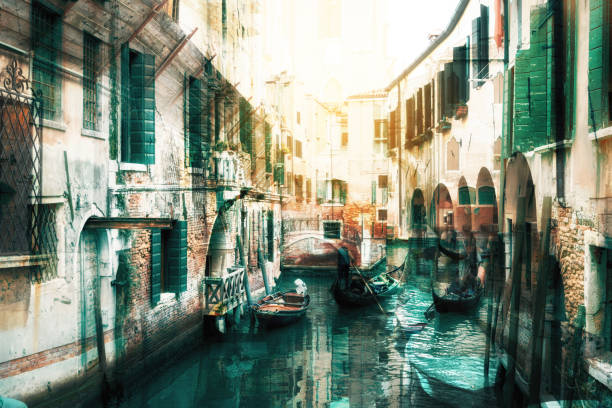 istock Double exposure of old city canal view 1058692372