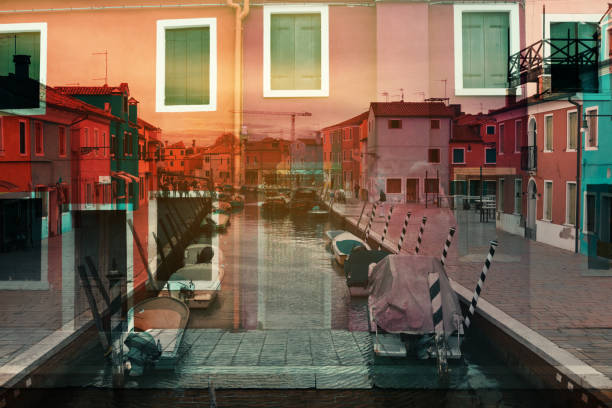 istock Double exposure of old city canal view 1058692398