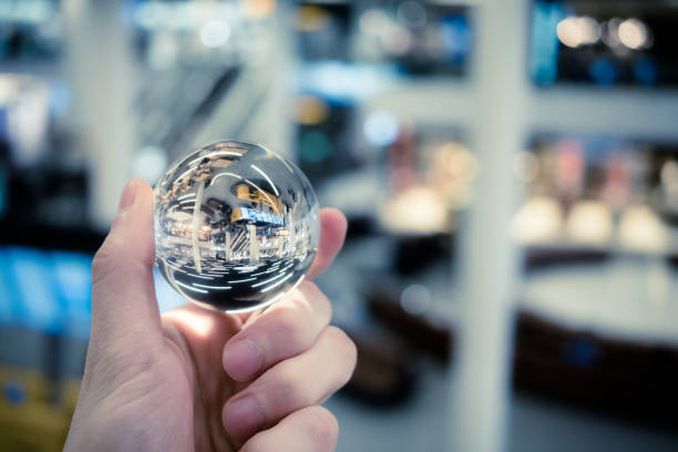 istock Distorted view through the glass globe airport interior 1058692460