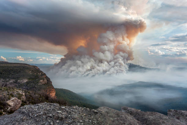 Fires burning on Mount Solitary plumes like volcano Mount Solitary on fire with apocalyptic smoke plumes billowing up into the air and settling into the valley as well.  Viewed from Wentworth Falls blue mountains australia photos stock pictures, royalty-free photos & images