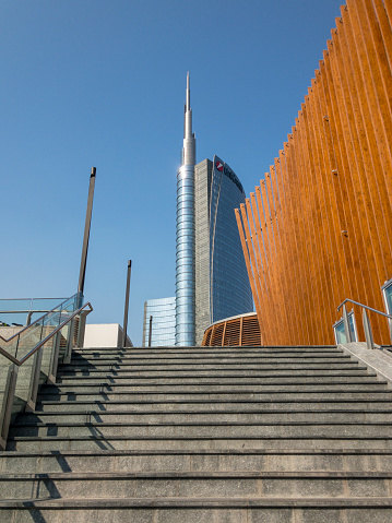 Stairs leading to Unicredit tower, Unicredit pavilion and Coima building in Alvar Aalto square. 15/10/2018. Milan, Italy. The Unicredit tower is the tallest skyscraper in Italy