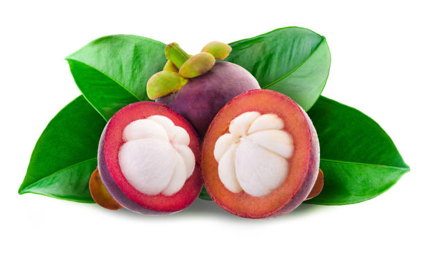 istock Mangosteens with Green Leaf isolated on white background 1058705472