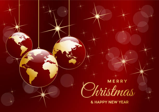 istock Christmas tree, vector postcard in red. Balls in the shape of planet earth, background 1058705528
