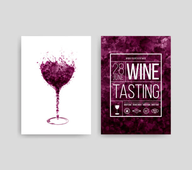 ilustraciones, imágenes clip art, dibujos animados e iconos de stock de ilustración de vidrio con vino tinto las manchas. puntos de fondo de gotas de vino. lista de plantillas para el vino, viajero, promociones, invitaciones. - wine tasting