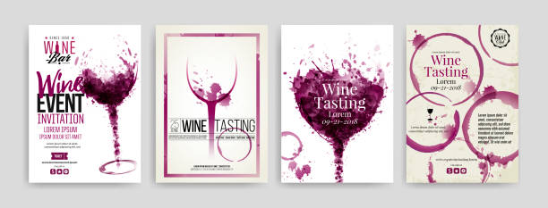 коллекция шаблонов с винным дизайном. - wineglass wine glass red wine stock illustrations