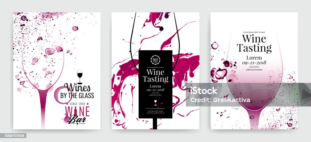 Coleção de modelos com desenhos de vinho. Folhetos, cartazes, convites, banners de promoção, menus. Gotas de vinho de efeito de fundo. - Vetor de Vinho royalty-free