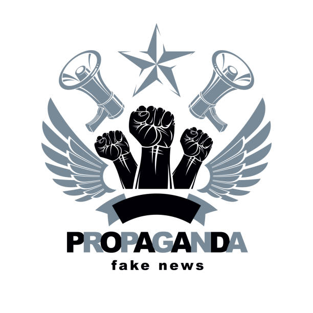 istock Vector advertising poster created using clenched fists raised up, bird wings and loudhailer equipment. Propaganda as the means of manipulation and control. 1058712120
