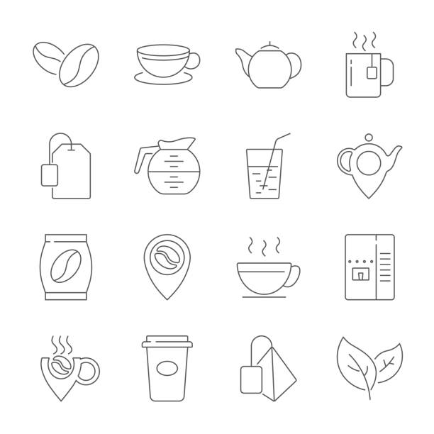 커피와 차 라인 아이콘의 집합입니다. 녹차의 컵, 티 백, 커피 콩, 녹차 잎, 물, 설탕 큐브 등의 투 수로 같은 아이콘을 포함 되어 있습니다. 편집 가능한 선입니다. - black tea dishware plate cup stock illustrations