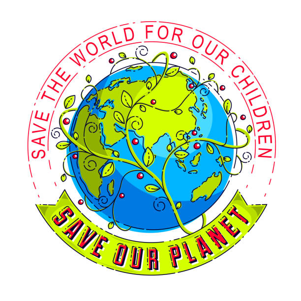 Save our planet earth, environmental protection, climate changes, Earth Day April 22, with ribbon and typing vector and floral leaves green growth, vector emblem or illustration isolated on white. Save our planet earth, environmental protection, climate changes, Earth Day April 22, with ribbon and typing vector and floral leaves green growth, vector emblem or illustration isolated on white. drawing of a save the earth posters stock illustrations