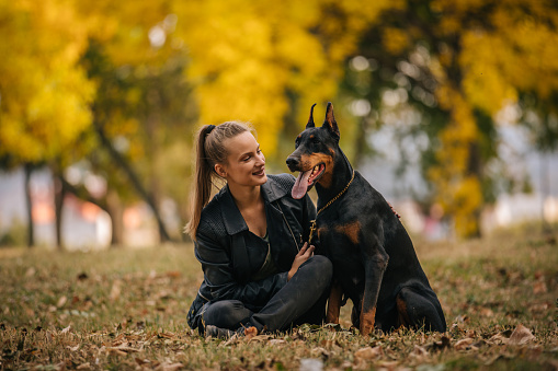 Young woman playing with her Doberman dog in the park