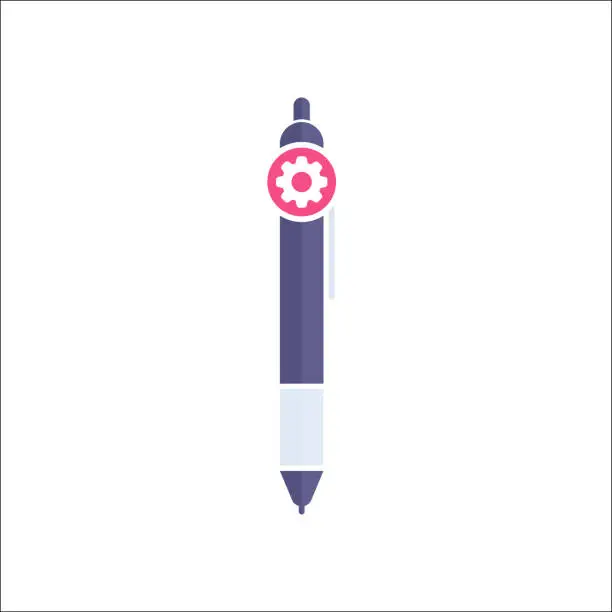 Vector illustration of Pen icon, Ball pen, ballpoint, stationery, writing instrument icon with settings sign. Pen icon and customize, setup, manage, process symbol
