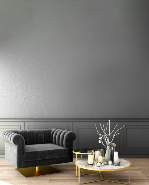 istock interior design for living area or reception with sofa,plant,sidetable,props on wood floor and white and black in Scandinavian style background  / 3d illustration,3d rendering 1058721444