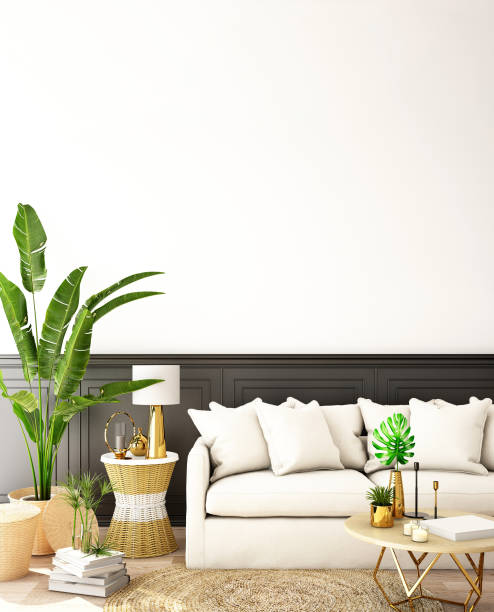 istock interior design for living area or reception with sofa,plant,sidetable,props on wood floor and white and black in Scandinavian style background  / 3d illustration,3d rendering 1058721448