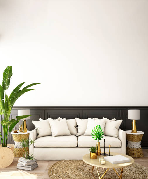 istock interior design for living area or reception with sofa,plant,sidetable,props on wood floor and white and black in Scandinavian style background  / 3d illustration,3d rendering 1058721462