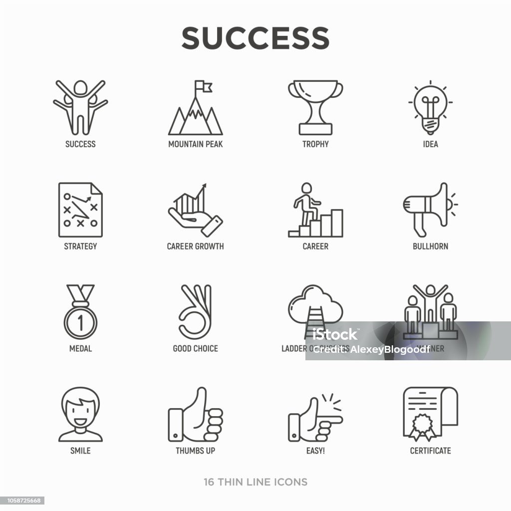 Başarı ince çizgi Icons set: kupa, fikir, dağ tepe, kariyer, megafon, strateji, merdiven, kazanan, madalya, ödül, iyi seçim, kolay, sertifika. Modern vektör çizim. - Royalty-free Zahmetsiz Vector Art