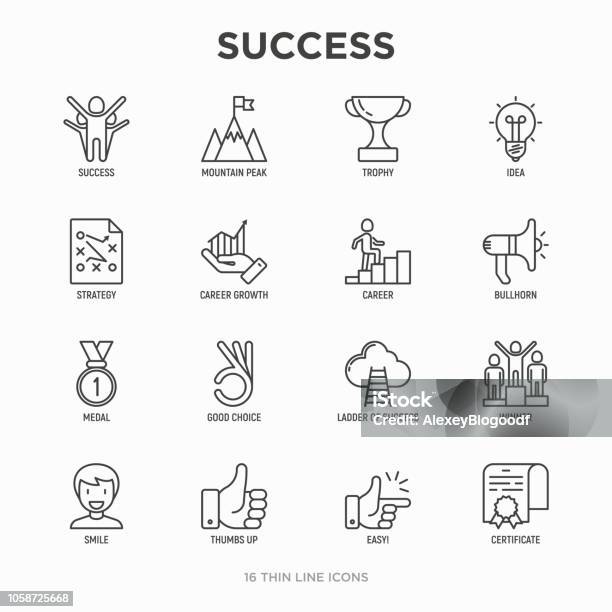 Success Thin Line Icons Set Trophy Idea Mountain Peak Career Bullhorn Strategy Ladder Winner Medal Award Good Choice Easy Certificate Modern Vector Illustration Stock Illustration - Download Image Now