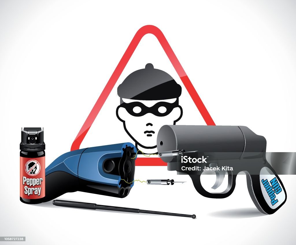 Armi Di Autodifesa Taser Spray Al Peperoncino E Pistola E Segno Criminale -  Immagini vettoriali stock e altre immagini di Arma da fuoco - iStock
