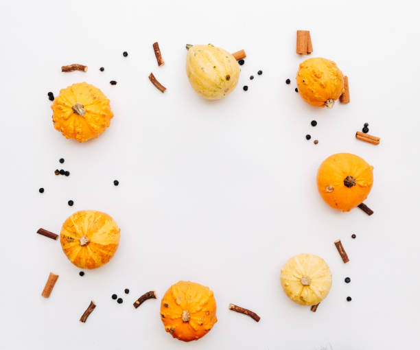 istock Flat lay autumn pumpkins 1058729394