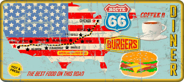grungy vintage route 66 diner sign, retro style, distressed route 66 diner sign and road map, retro grungy vector illustration fictional artwork american flag house stock illustrations