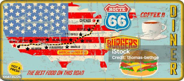 Grungy Vintage Route 66 Diner Sign Retro Style Stock Illustration - Download Image Now - Route 66, Map, Diner