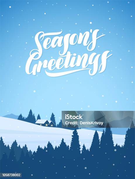 Vertical Winter Snowy Mountains Christmas Landscape With Cartoon Houses And Handwritten Lettering Of Seasons Greetings Stock Illustration - Download Image Now