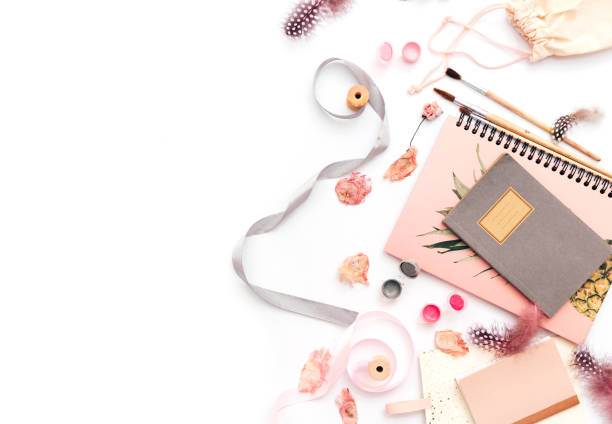 istock Workspace with notebook. styled minimalist clean image for product marketing, social media, blogging 1058739514