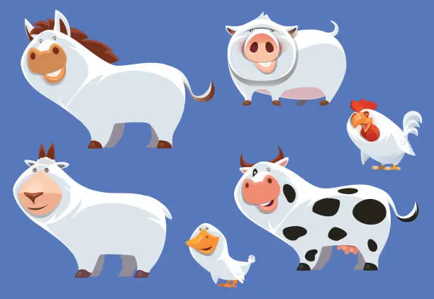 Vector illustration of farm animals in white