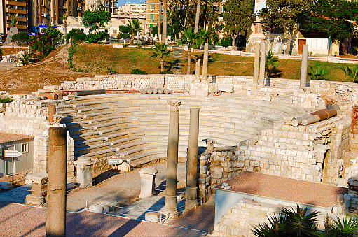 Roman amphitheatre, The small Odeum, dating originally from the 2nd century AD, was a roofed semi-circular theatre used for music and poetry performed on a stage paved with mosaic tiles and contained seating for more than six hundred people in thirteen tiers of white marble, Alexandria, Egypt