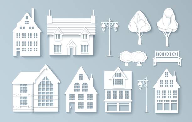 ilustraciones, imágenes clip art, dibujos animados e iconos de stock de conjunto de edificios abstractos, árboles, alumbrado público, banco de papel - casita fondo blanco