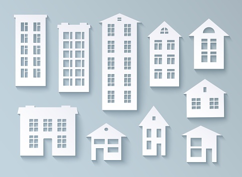Set of abstract buildings made of paper White isolated objects for design in paper cut style. Vector illustration eps10