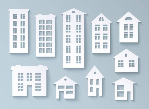 Set of abstract buildings made of paper Set of abstract buildings made of paper White isolated objects for design in paper cut style. Vector illustration eps10 apartment illustrations stock illustrations
