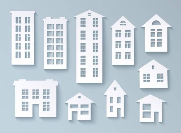Set of abstract buildings made of paper Set of abstract buildings made of paper White isolated objects for design in paper cut style. Vector illustration eps10 white buildings stock illustrations