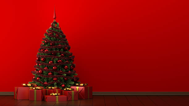 istock decorated christmas tree with gift boxes in red room 1058751598