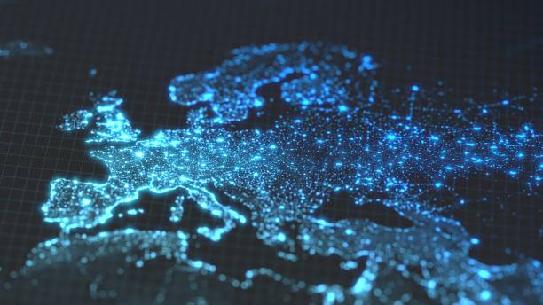 mappa della terra scura con dettagli luminosi delle aree di densità della città e della popolazione umana. la commissione per l'europa. illustrazione 3d - european countries foto e immagini stock