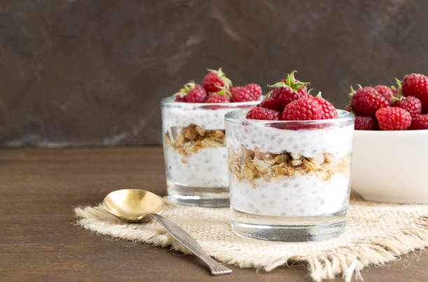 istock Natural yogurt with Chia seeds and raspberries. 1058762340