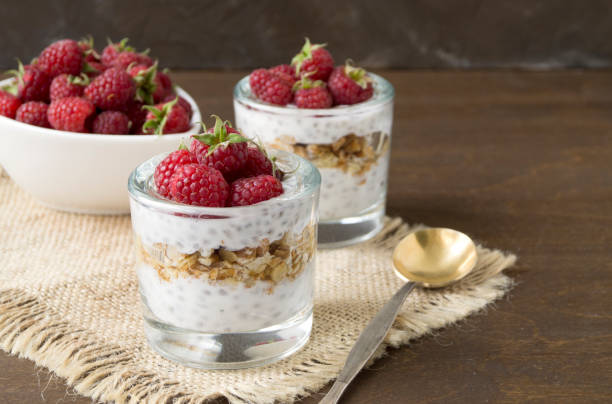 istock Natural yogurt with Chia seeds and raspberries. 1058762366
