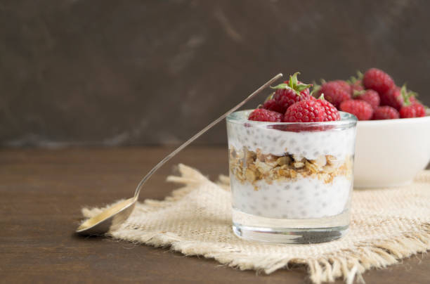 istock Natural yogurt with Chia seeds and raspberries. 1058762388