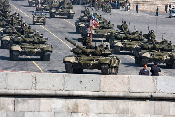 Russian T-90 tanks in military parade Moscow, Russia - May 5, 2008: Convoy of Russian T-90 tanks in military parade rehearsal on Red Square, Moscow russian military photos stock pictures, royalty-free photos & images