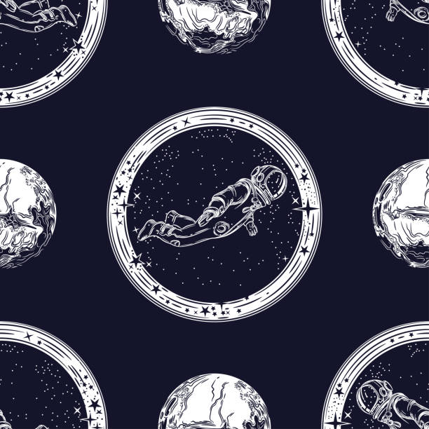 Ð»ÐμÐ ́ÐμÐ1/2ÑÑ Seamless pattern with the image of space. Galaxy with planets, stars,  flying astronaut. Astronomical background. astronaut drawings stock illustrations