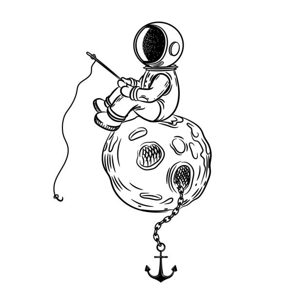 ÐÐµÑÐ°ÑÑ Astronaut with a fishing rod sitting on the moon. 
Coloring page astronaut drawings stock illustrations