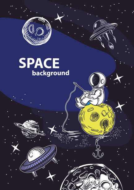 ÐÐµÑÐ°ÑÑ The cover design of the brochure on astronomy. Sample background for space theme. Background for covers, flyers, banners. Astronaut with a fishing rod sitting on the moon astronaut backgrounds stock illustrations