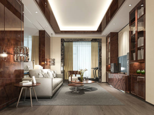 istock 3d rendering wood classic living room with marble tile and bookshelf 1058767152