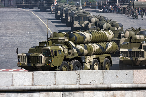 Moscow, Russia - May 5, 2008: Convoy of russian anti-aircraft weapon system S-300 in military parade rehearsal on Red Square, Moscow