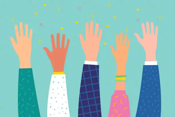 Vector illustration of Concept of volunteering or education. Raised hands.